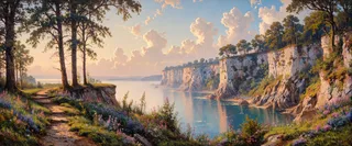 Impressionistic oil painting of chalk cliffs at dawn by the Baltic sea, featuring a winding path, wildflowers, trees, and soft morning light.