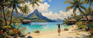 Impressionistic oil painting of a tranquil Bora Bora lagoon with turquoise waters, thatched huts on stilts, tropical flowers, palm trees, and a young woman standing on the sandy shore.