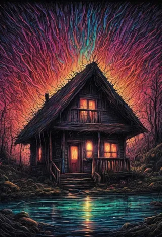A rustic wooden cabin with glowing windows set by a calm river, underneath a vibrant, fiery multicolored sky that emits an eerie horror vibe.