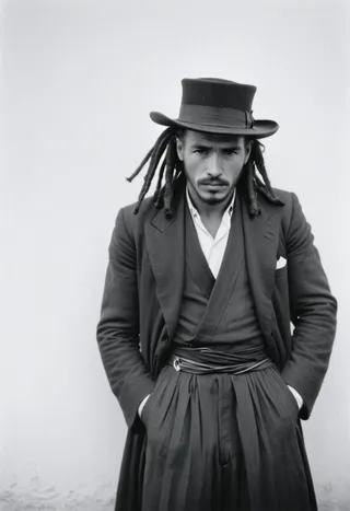Black and white portrait of a rough man with wild dreadlocks wearing a vintage hat and suit, with stoic expression under dramatic lighting.