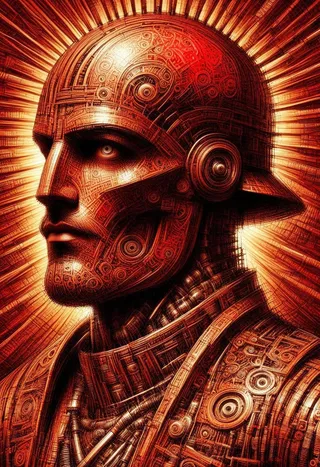Detailed pencil morph style digital art of a male robot wearing Middle Eastern clothing, featuring geometric gears and a red border background.