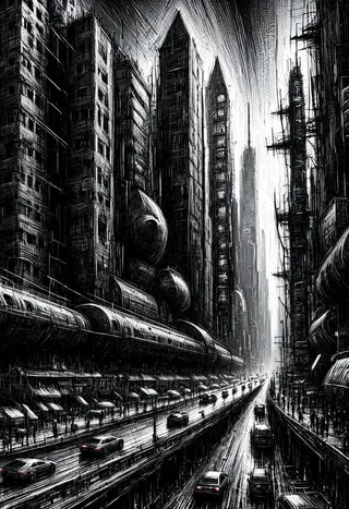 Black and white sketch of a cyberpunk city featuring dense tall buildings and busy traffic on a rainy daytime street.
