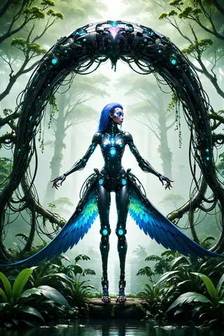 A cybernetic humanoid android with glowing blue wings stands in a misty forest under a large robotic archway, surrounded by lush greenery.
