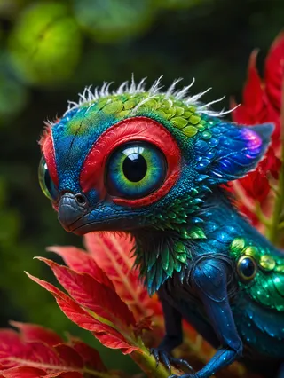 Close-up macro image of a bioluminescent extraterrestrial creature with iridescent blue and green feathers, large expressive eyes, and red markings, perched on a vivid red alien plant.