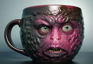 A coffee mug with a highly detailed angry face, featuring raspberry pink and dark chocolate brown colors, textured skin, and realistic eyes.