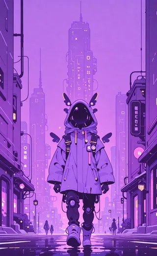 A faceless hooded male figure with wings walking in a purple-toned futuristic city street featuring tall buildings and neon lights.
