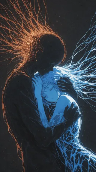 A digital painting depicting a sorrowful hug between a glowing blue female figure and a dark male figure with fiery orange strands, contrasting light and darkness in an ethereal, melancholic mood.