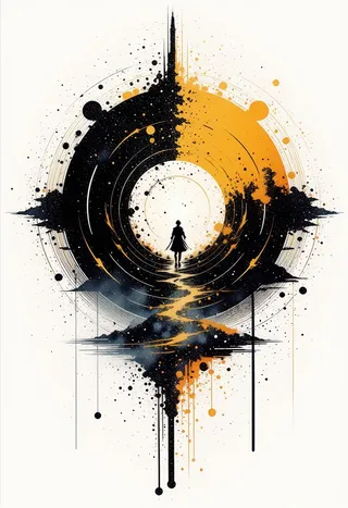 A vibrant ink painting featuring a silhouette of a person walking towards a circular abstract design splattered in black and orange.