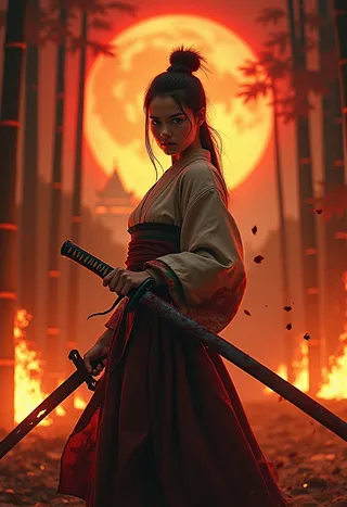 A young Japanese woman dressed as a Geisha, standing in a battle stance holding a bloodstained katana, with a burning bamboo forest and ancient temple illuminated by a large setting sun in the background.