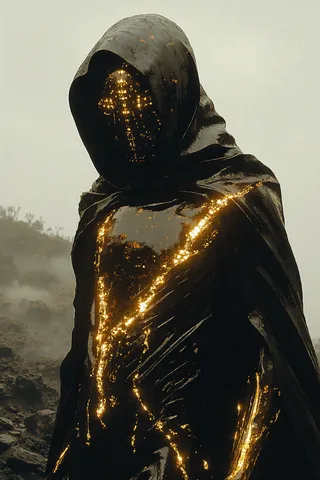A mysterious hooded figure with a shifting liquid-metal body covered in glowing gold runes stands in a foggy wasteland, illuminated by ethereal lighting.