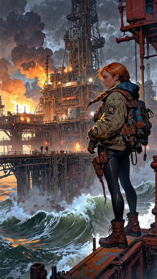 Young woman with braided auburn hair stands on an oil rig platform overlooking a stormy ocean with fiery gas flares and thick mist, wearing a bomber jacket and heavy boots.