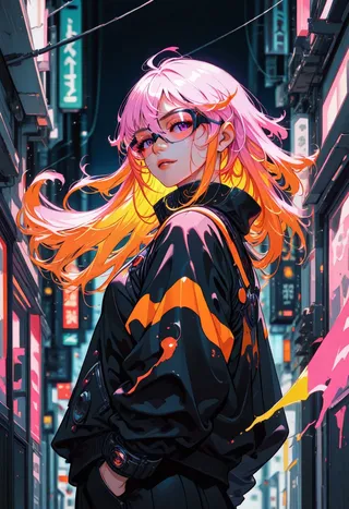 Digital artwork of a Japanese woman wearing neon urban streetwear and cyberpunk glasses with long bioluminescent flowing hair, turning her head on a vibrant neon-lit cyberpunk street.