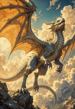 A majestic dragon with wide orange wings and detailed scales soaring in a bright golden sky filled with fluffy clouds.