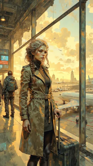 Young woman with braided hair wearing a trench coat stands by a panoramic airport window at sunset, holding a carry-on suitcase with airport activity in the background.