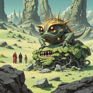 A strange spiked alien creature with large multifaceted eyes perched atop a giant carnivorous plant on a mint green desert with tall rock formations and three explorers in the distance