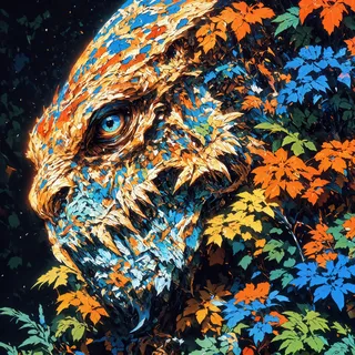 A close-up of the majestic regal voidlisk's head blending seamlessly with extraordinarily colorful leaves in an otherworldly, highly detailed jungle environment on a distant fantasy planet.