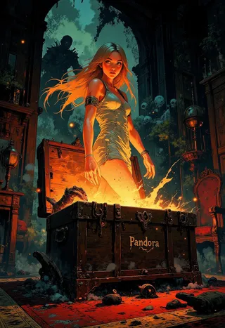 A blonde young woman in a pale blue dress struggles to close a glowing, demonic chest labeled 'Pandora' in a dark, ornate room with scattered black creatures and a demonic hand emerging.