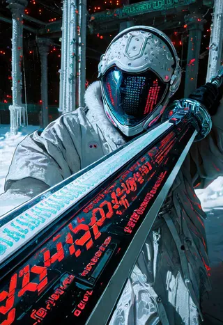 Close-up of a cyborg wearing a white techwear robe and helmet holding a large sword with glowing red neon inscriptions, set in a snowy cyberpunk bunker with neon lights and icy pillars.