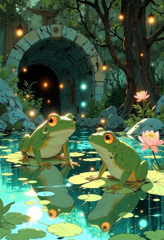 Two vibrant green tree frogs with bright orange eyes sitting on lily pads in a crystal-clear pond, illuminated by warm glowing lights near a mysterious stone tunnel surrounded by lush trees and fireflies.
