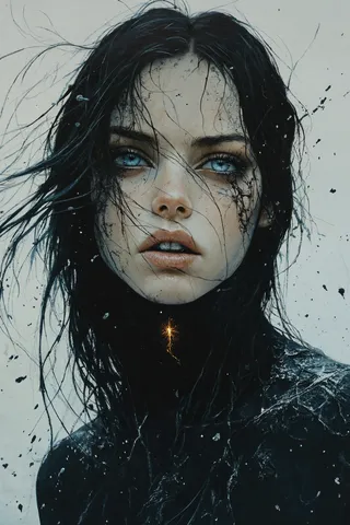 Portrait of a mysterious woman with intense blue eyes, pale skin, and wet black hair, dressed in a dark intricate cloak with a glowing symbol at her collarbone.
