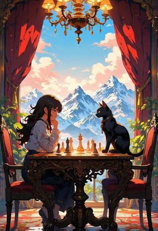 Young girl and mystical black cat facing each other across an ornate antique chess table, set in a majestic hall with golden chandeliers and a mountain landscape visible through large windows, in Studio Ghibli style.