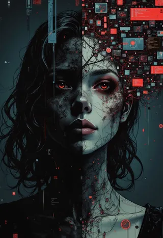 Portrait of a person with face split into two halves, one dark human side and the other a glitching digital doppelgänger with red glowing eyes and fragmented pixels.