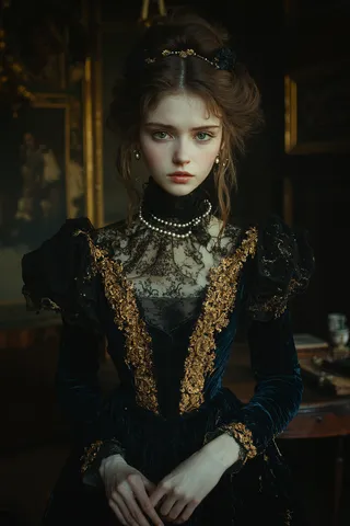 Noble young woman wearing a Renaissance deep blue velvet gown embroidered with gold, adorned with a pearl necklace, standing in a dim antique chamber.