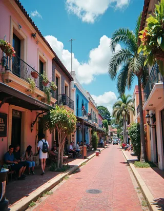 Bright and sunny Brazilian town street in the Amazon with colorful colonial-style buildings, red brick road, palm trees, and cafes with people enjoying outdoor seating.