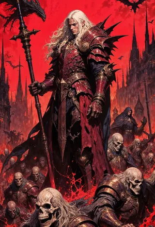 A white-haired warrior clad in sharp, dark red armor stands confidently on a chaotic battlefield surrounded by skeletal warriors, with a gothic city and flying dragons under a blood-red sky in the background.