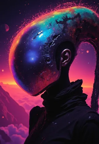 Surreal vintage sci-fi humanoid figure with an iridescent, reflective cosmic helmet head and dark futuristic suit against a vivid cosmic sunset background.
