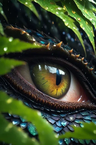 Close-up of a dragon's eye with shiny scales and rain droplets, partially hidden behind green leaves in natural soft lighting.