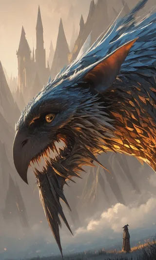 Side view of a detailed fantasy dragon with sharp feathers and glowing eyes facing a small cloaked figure, set against towering gothic spires under a dramatic light.