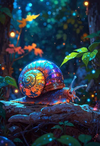 A tiny alien snail with a shiny prismatic crystal shell that reflects dazzling colors, glowing antennae tips, and a semi-transparent glowing body, set on a forest floor with softly glowing plants and floating bokeh lights.