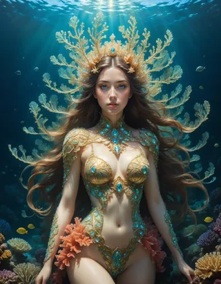 A fantasy underwater queen with flowing hair and expressive eyes, wearing ornate turquoise and gold armor, surrounded by bioluminescent coral reefs and colorful fish.