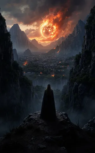 First-person view standing on a rocky hill overlooking the dark, sprawling city of Mordor, with the Eye of Sauron glowing fiery above and jagged mountains framing the scene under a smoky, swirling sky.