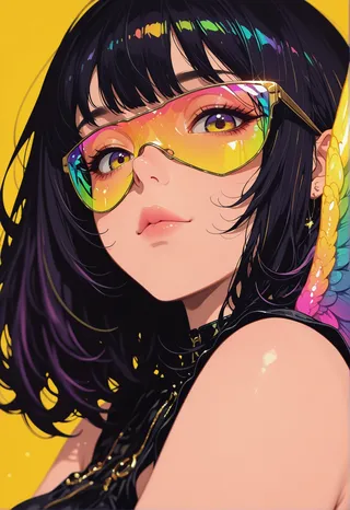Close-up stylized portrait of a girl with black hair, wearing reflective neon sunglasses and rainbow-colored angel wings on a yellow background.