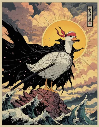 A white duck standing majestically on a rocky cliff by stormy waves, wearing a torn black cape, a long red headband, with a sheathed katana, rendered in traditional Japanese art style with dark comic fantasy elements.