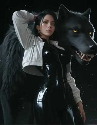 A photorealistic digital artwork of a woman in a white cropped jacket and black skin-tight bodysuit standing confidently with a large black wolf with glowing yellow eyes behind her against a dark background.