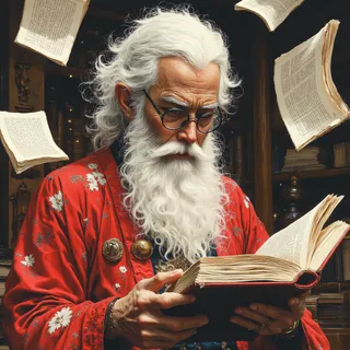 Digital illustration of an elderly man with white hair and beard wearing a red robe with floral designs, glasses, holding an open book with several pages flying around him.