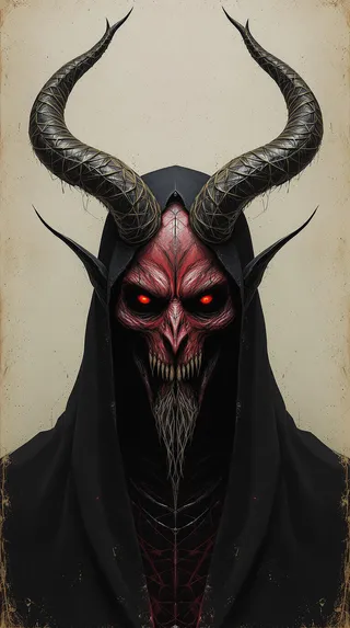 Symmetrical medium shot portrait of Satan with large twisted horns, red glowing eyes, and a dark hooded cloak, featuring a distressed, realistic color palette.