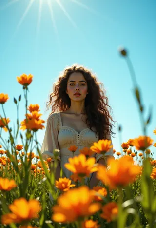 Young woman with long curly hair stands among vibrant orange flowers under a clear blue sky with soft focus and lens flare effect during golden hour.