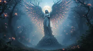 A majestic weeping angel statue with ethereal, branch-like glowing wings stands surrounded by glowing flowers and dense fog in a mystical twilight forest under a full moon.