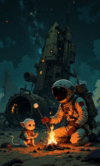Astronaut roasting a marshmallow over a campfire beside an alien creature, with a crashed spaceship wreckage under a starry cosmic sky.