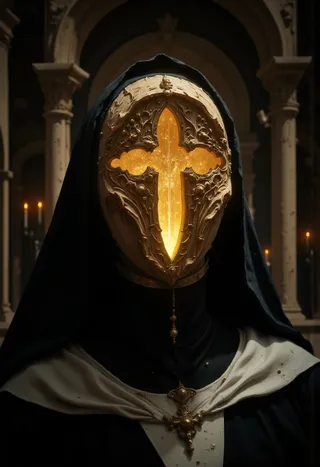 A gothic nun in ornate black and white habit with a smooth wooden mask featuring a glowing cross-shaped cutout, standing solemnly in a dimly lit cathedral with candlelight and stone arches.