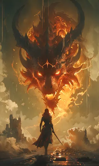 A dark moody fantasy scene of a fiery dragon boss with glowing eyes towering above a lone warrior with a sword, set against a cloudy sky and distant medieval castles.