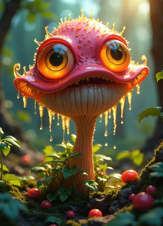 A vibrant 3D anthropomorphic mushroom with large glowing orange eyes, golden liquid dripping from its pink cap, surrounded by green plants and small red mushrooms on a forest floor with cinematic bokeh lighting.