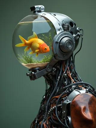 A gentleman cyborg robot featuring a transparent fish bowl head containing a small goldfish swimming inside, with a mechanical metallic body composed of cables and mechanical parts.