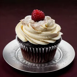 A botanicart cupcake topped with creamy frosting, a fresh raspberry, and a dusting of powdered sugar on a silver plate.