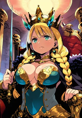A blonde-haired queen with twin braids, wearing an ornate crown with blue oni horns, dressed in gold and teal armor, holding a wand, seated in a throne room.