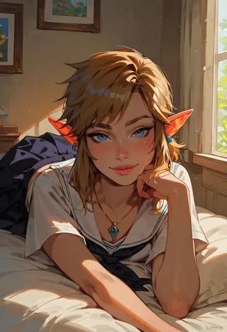 Portrait of a young elf girl resembling Link from Legend of Zelda, wearing a school uniform, lying on a bed with sunlight streaming through a window.